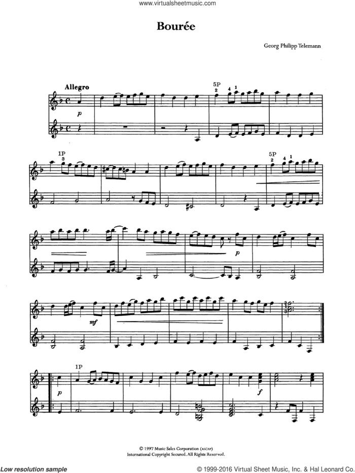 Bouree sheet music for guitar solo (chords) by Georg Philipp Telemann, classical score, easy guitar (chords)