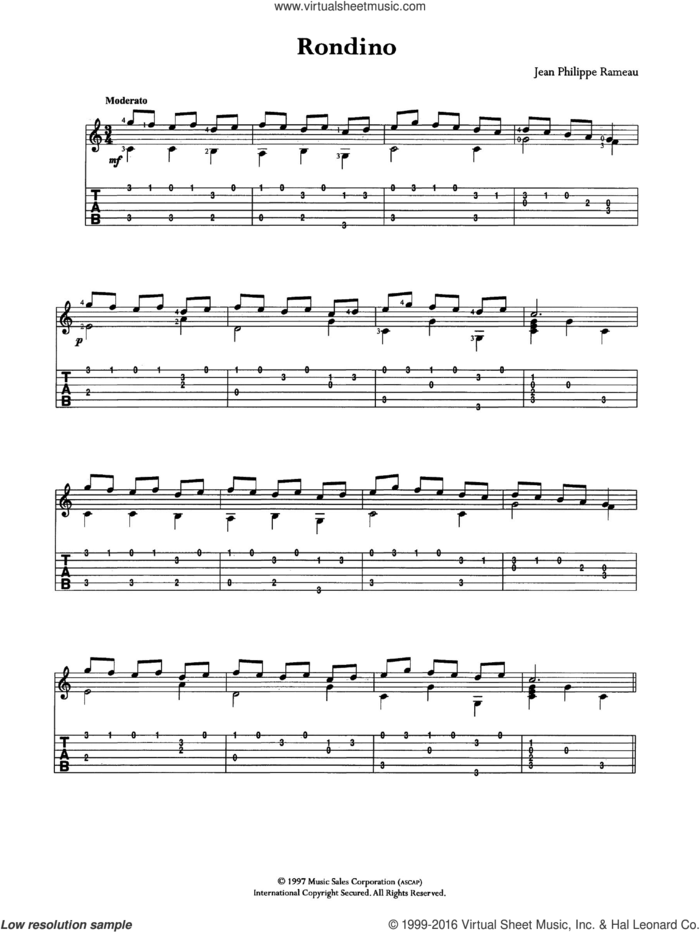 Rondino sheet music for guitar (tablature) by Jean-Philippe Rameau, classical score, intermediate skill level
