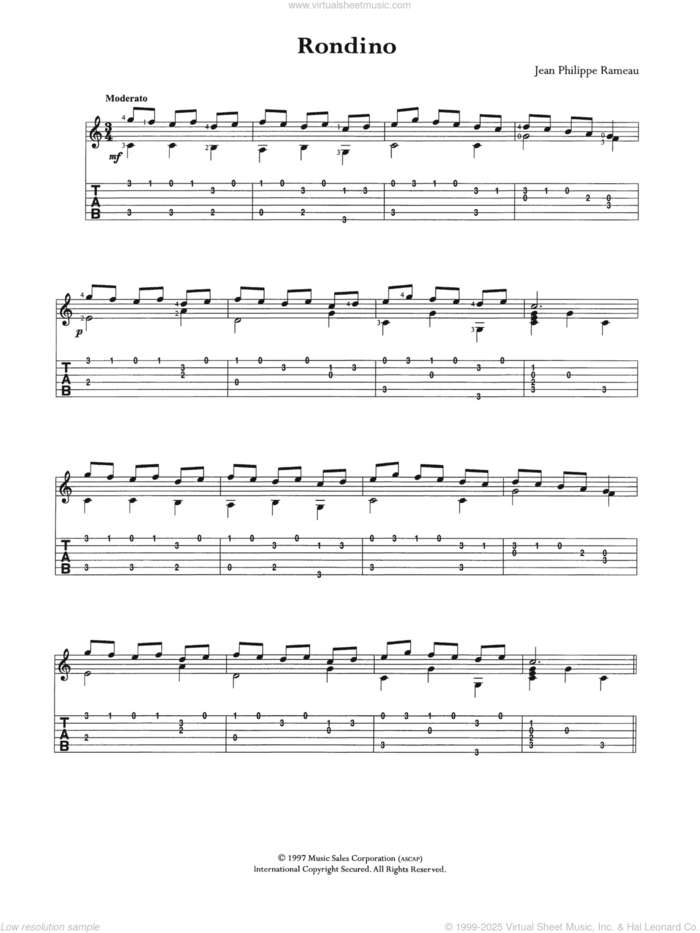 Rondino sheet music for guitar (tablature) by Jean-Philippe Rameau, classical score, intermediate skill level