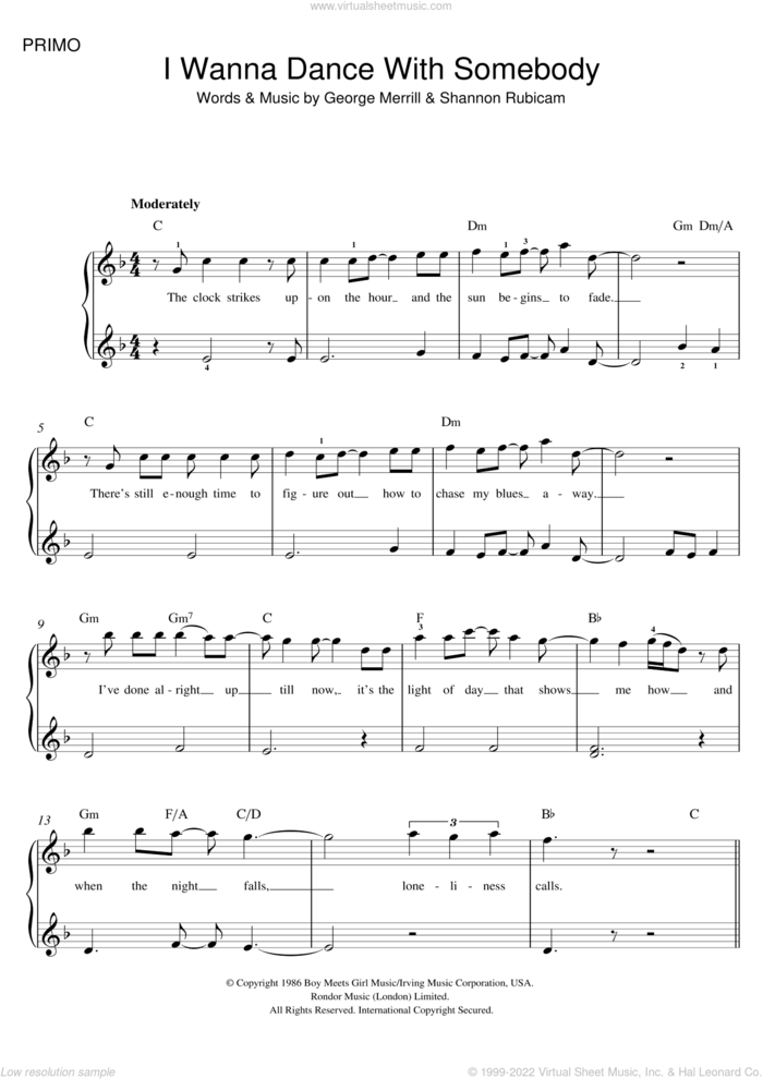I Wanna Dance With Somebody (Who Loves Me), (intermediate) sheet music for piano solo by Whitney Houston, George Merrill and Shannon Rubicam, intermediate skill level