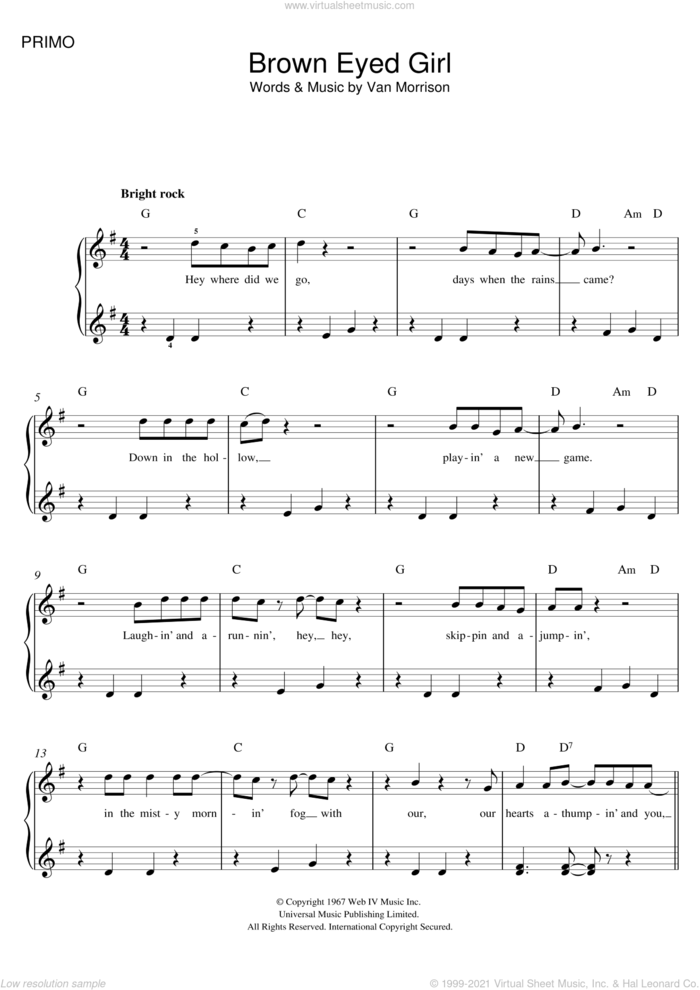 Brown Eyed Girl, (intermediate) sheet music for piano solo by Van Morrison, intermediate skill level