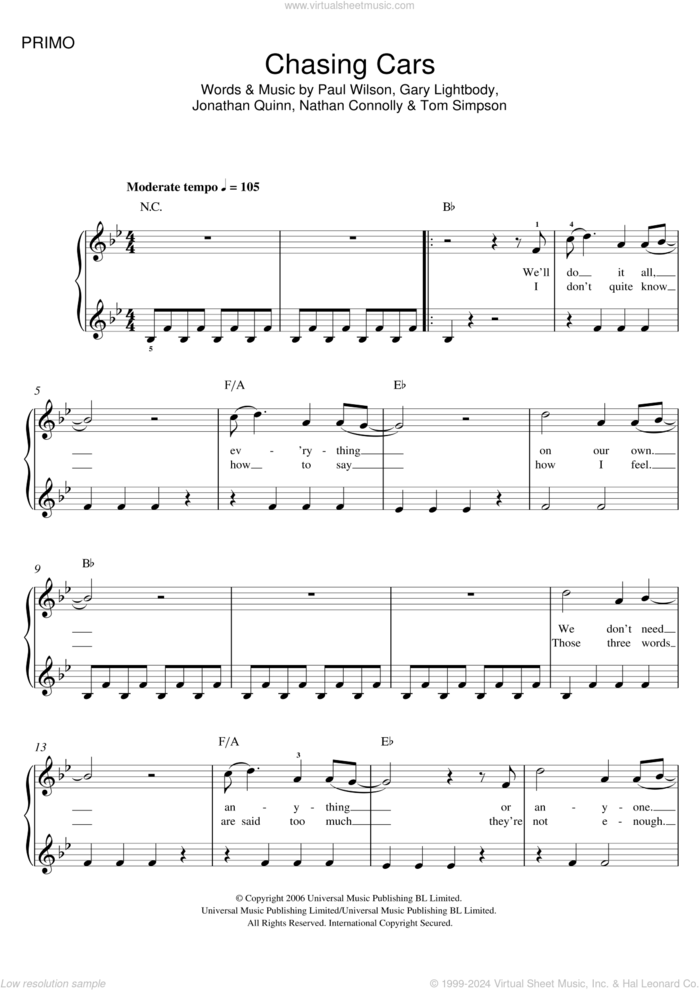 Chasing Cars sheet music for piano four hands by Snow Patrol, Gary Lightbody, Jonathan Quinn, Nathan Connolly, Paul Wilson and Tom Simpson, intermediate skill level