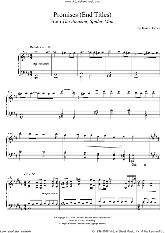 Promises (From The Amazing Spider-Man End Titles) sheet music for piano solo by James Horner, intermediate skill level