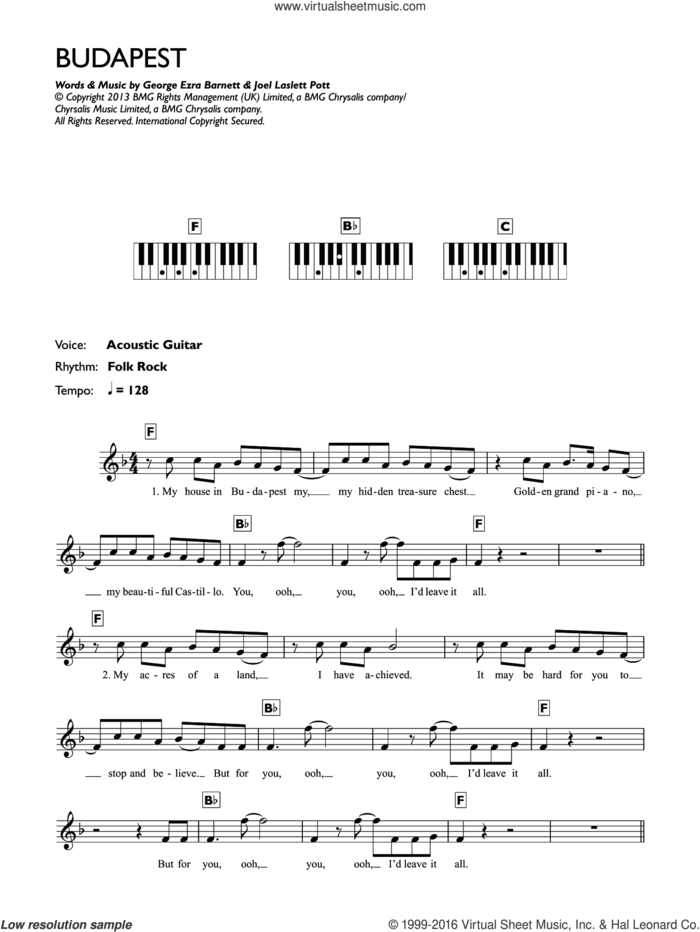 Budapest sheet music for piano solo (chords, lyrics, melody) by George Ezra, George Ezra Barnett and Joel Laslett Pott, intermediate piano (chords, lyrics, melody)