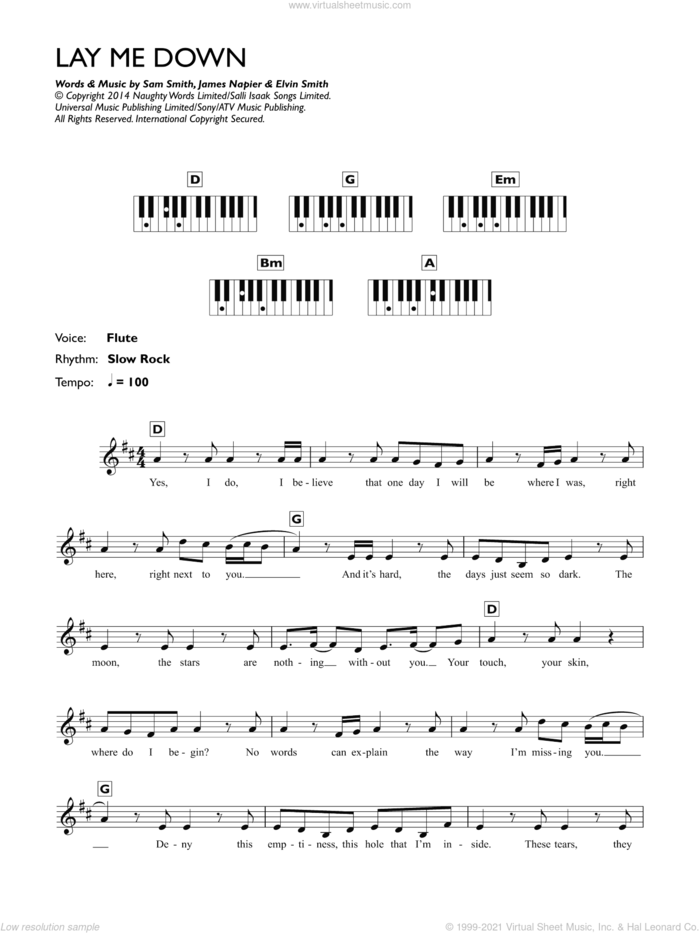 Lay Me Down sheet music for piano solo (chords, lyrics, melody) by Sam Smith, Elvin Smith and James Napier, intermediate piano (chords, lyrics, melody)