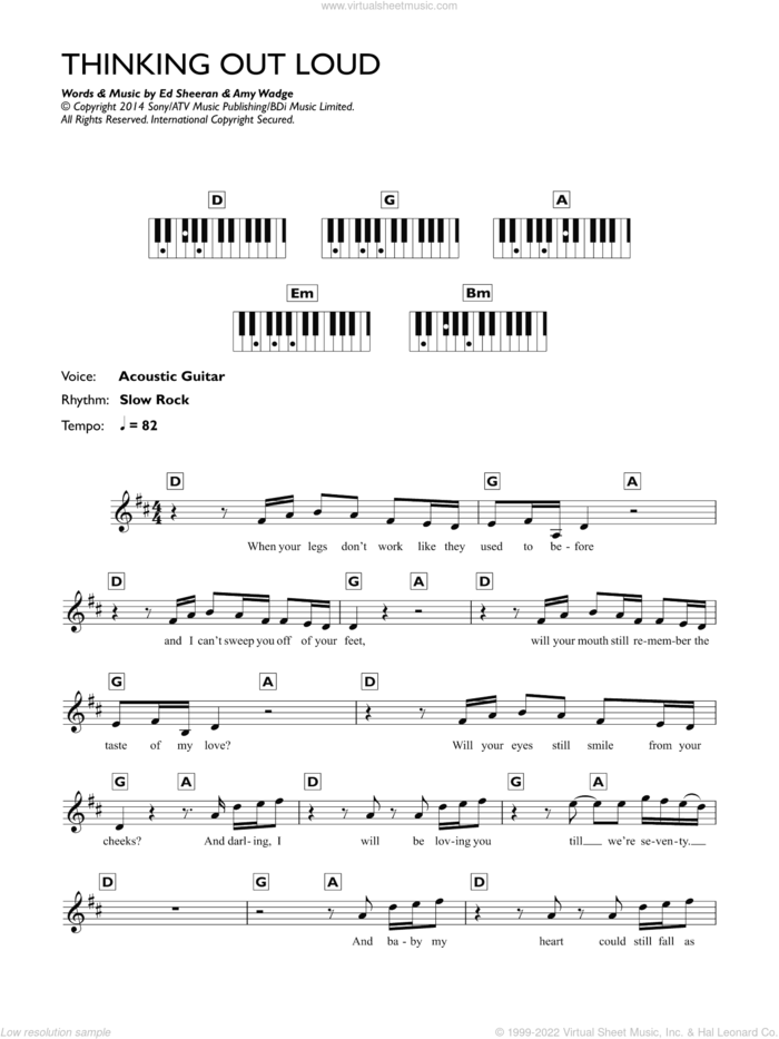 Thinking Out Loud sheet music for piano solo (chords, lyrics, melody) by Ed Sheeran and Amy Wadge, wedding score, intermediate piano (chords, lyrics, melody)