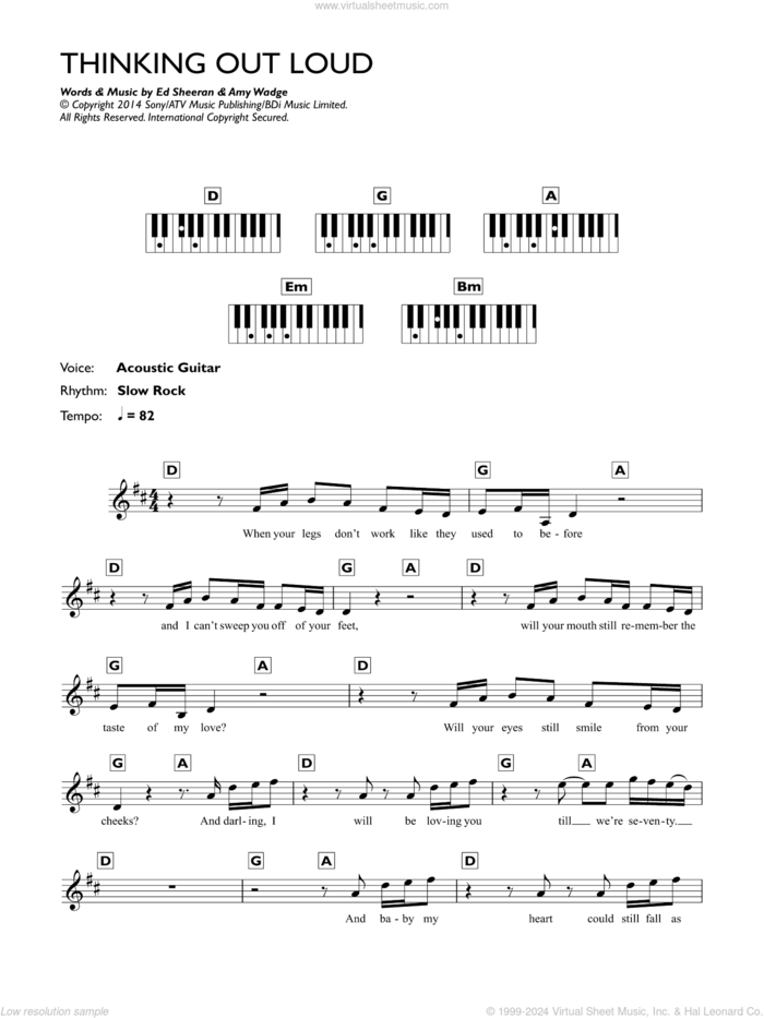 Thinking Out Loud sheet music for piano solo (chords, lyrics, melody) by Ed Sheeran and Amy Wadge, wedding score, intermediate piano (chords, lyrics, melody)