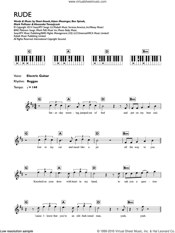 Rude sheet music for piano solo (chords, lyrics, melody) by MAGIC!, Adam Messinger, Alexander Tanasijczuk, Ben Spivak, Mark Pellizzer and Nasri Atweh, intermediate piano (chords, lyrics, melody)