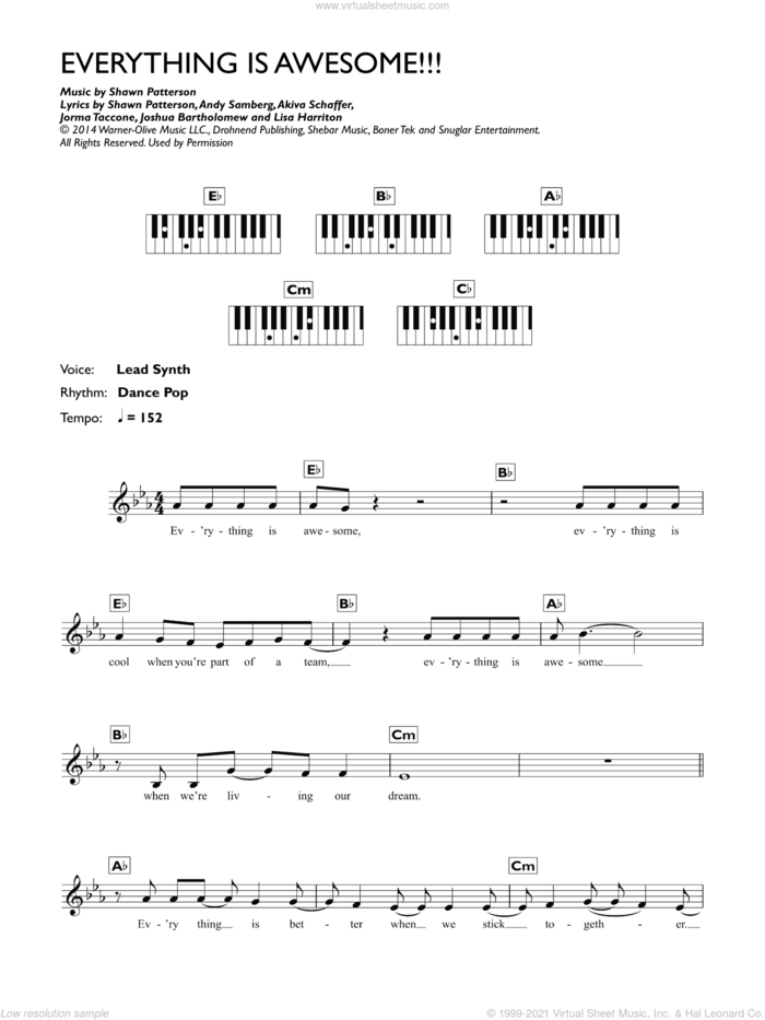 Everything Is Awesome (from The Lego Movie) (feat. The Lonely Island) sheet music for piano solo (chords, lyrics, melody) by Tegan and Sara, Akiva Schafer, Andrew Samberg, Jorma Taccone, Joshua Bartholomew, Lisa Harriton and Shawn Patterson, intermediate piano (chords, lyrics, melody)