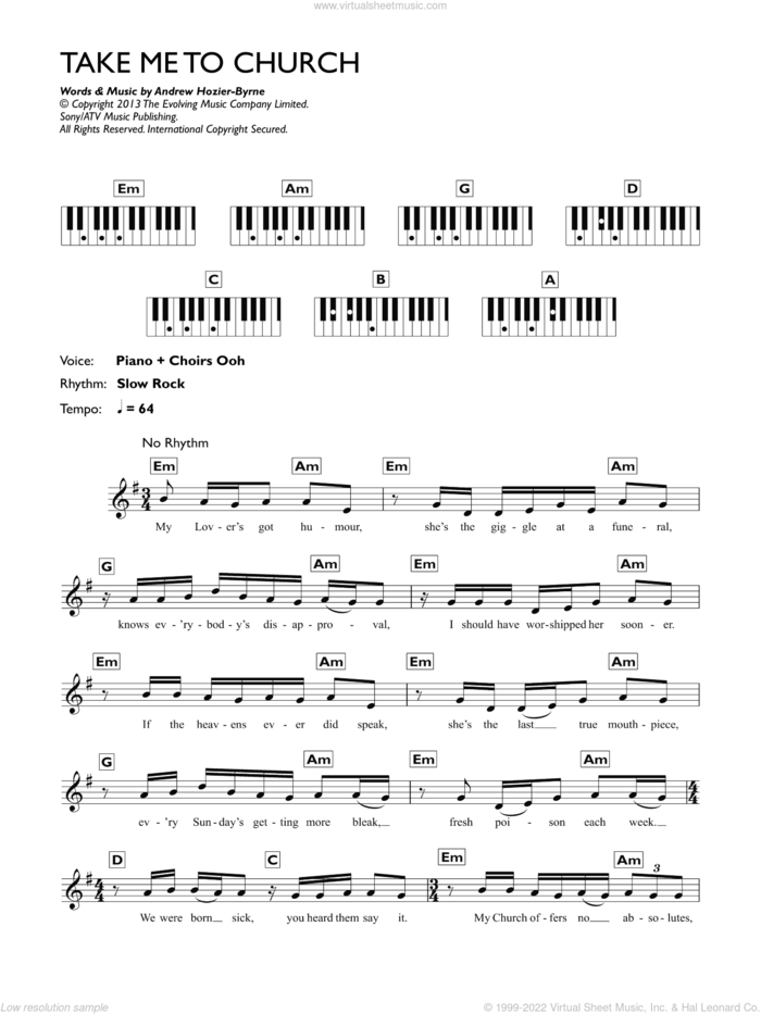 Take Me To Church sheet music for piano solo (chords, lyrics, melody) by Hozier and Andrew Hozier-Byrne, intermediate piano (chords, lyrics, melody)
