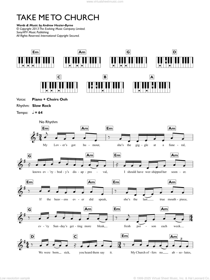 Take Me To Church (abridged) sheet music for piano solo (chords, lyrics, melody) by Hozier and Andrew Hozier-Byrne, intermediate piano (chords, lyrics, melody)