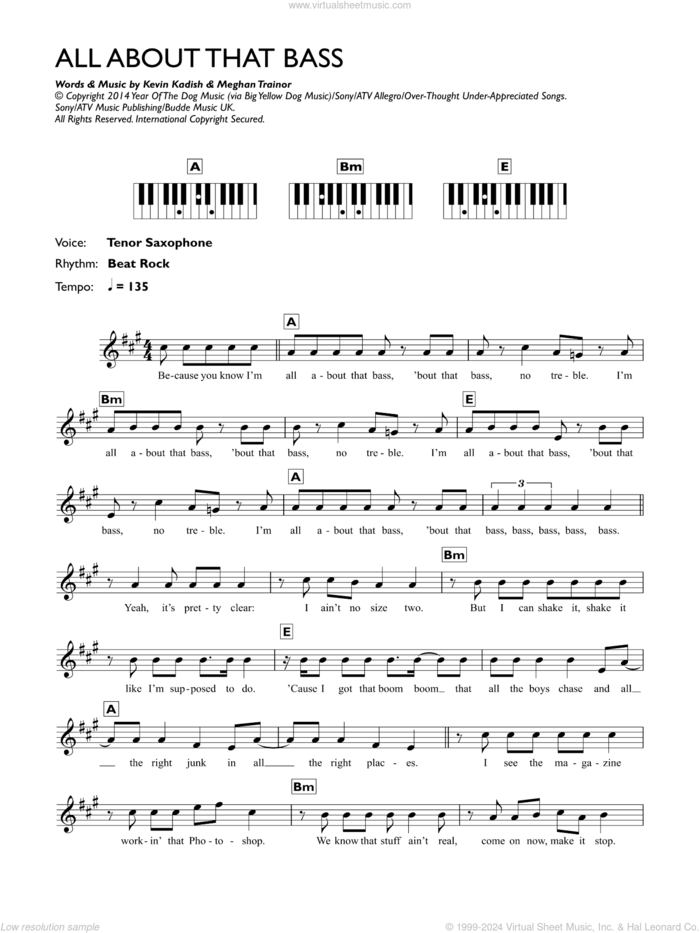 All About That Bass sheet music for piano solo (chords, lyrics, melody) by Meghan Trainor, Megan Trainor and Kevin Kadish, intermediate piano (chords, lyrics, melody)