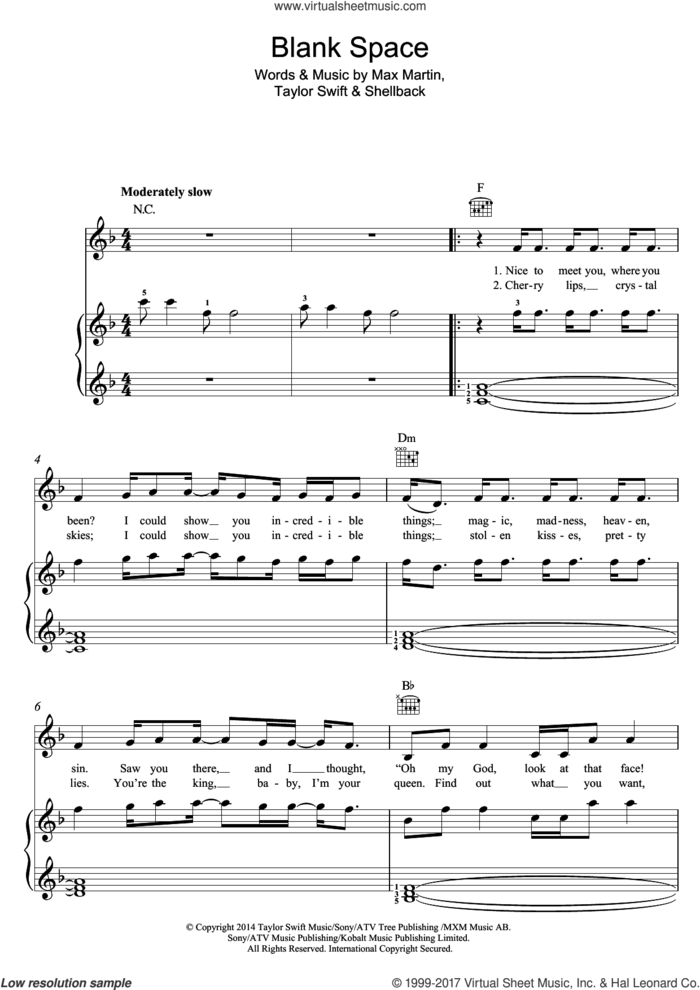 Blank Space sheet music for voice, piano or guitar by Taylor Swift, Max Martin and Shellback, intermediate skill level