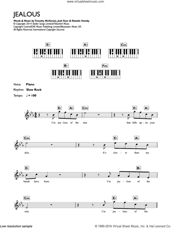Jealous sheet music for piano solo (chords, lyrics, melody) by Labrinth, Josh Kear, Natalie Hemby and Timothy McKenzie, intermediate piano (chords, lyrics, melody)