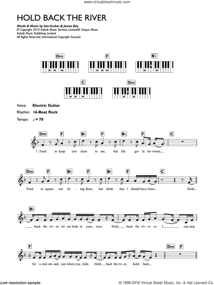 Hold Back The River sheet music for piano solo (chords, lyrics, melody) by James Bay and Iain Archer, intermediate piano (chords, lyrics, melody)