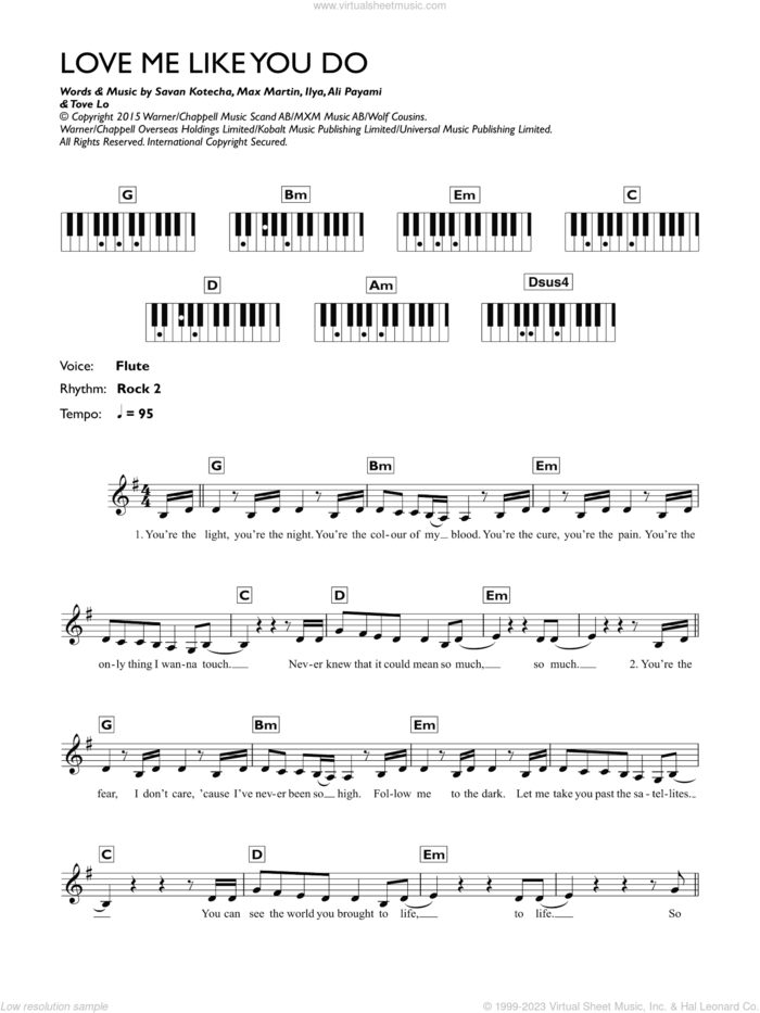 Love Me Like You Do sheet music for piano solo (chords, lyrics, melody) by Ellie Goulding, Ali Payami, Ilya, Max Martin, Savan Kotecha and Tove Lo, intermediate piano (chords, lyrics, melody)