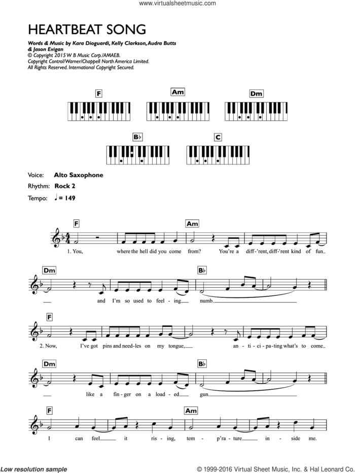 Heartbeat Song sheet music for piano solo (chords, lyrics, melody) by Kelly Clarkson, Audra Butts, Jason Evigan and Kara DioGuardi, intermediate piano (chords, lyrics, melody)