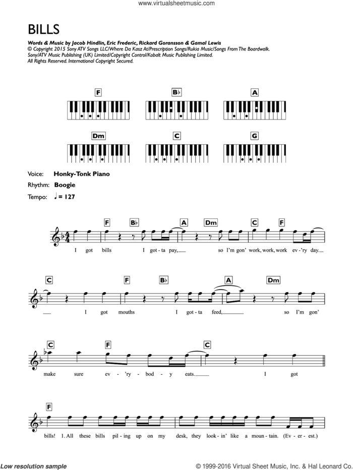 Bills sheet music for piano solo (chords, lyrics, melody) by LunchMoney Lewis, Eric Frederic, Gamal Lewis, Jacob Hindlin and Rickard Goransson, intermediate piano (chords, lyrics, melody)