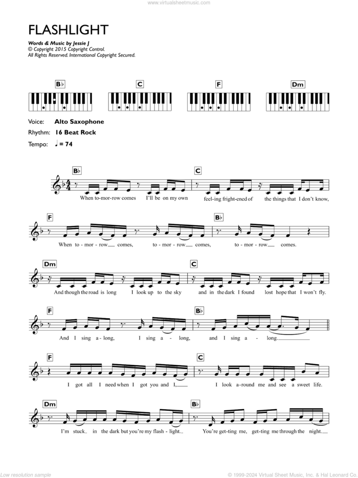 Flashlight sheet music for piano solo (chords, lyrics, melody) by Jessie J, Christian Guzman, Jason Moore, Mario Mejia, Sam Smith and Sia Furler, intermediate piano (chords, lyrics, melody)