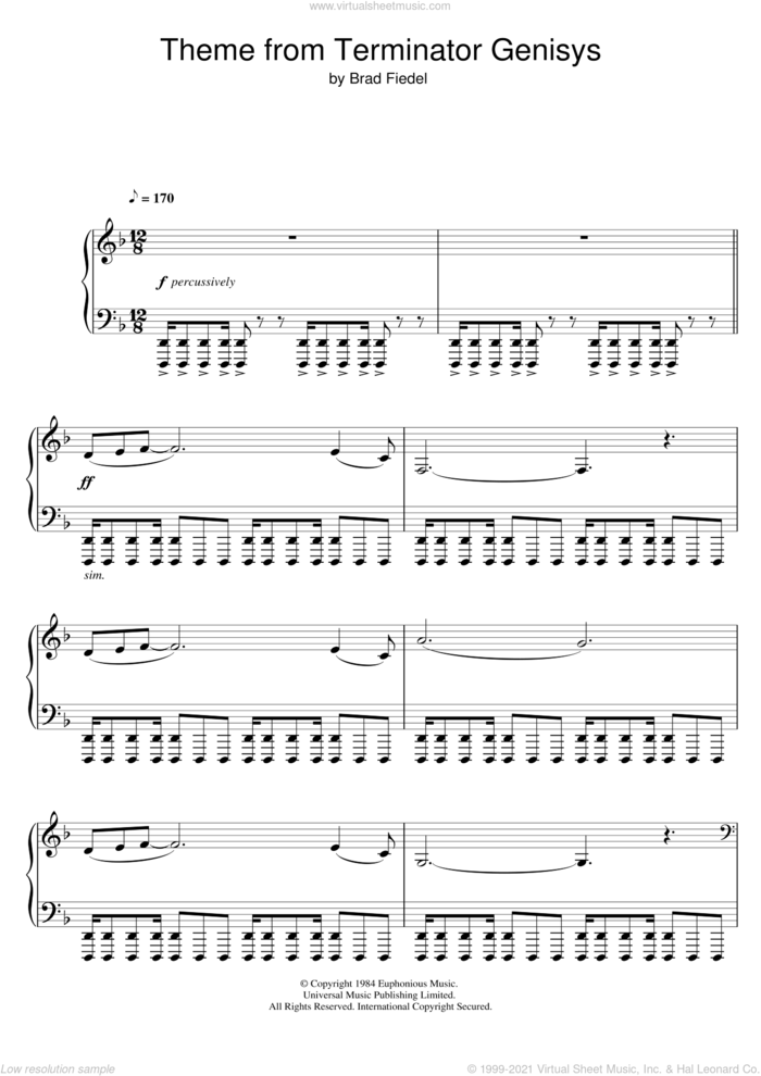 Terminator Theme sheet music for piano solo by Brad Fiedel, intermediate skill level
