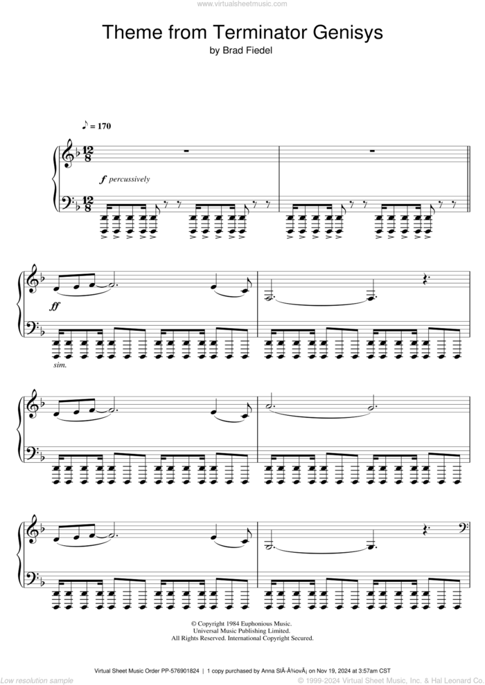 Terminator Theme sheet music for piano solo by Brad Fiedel, intermediate skill level