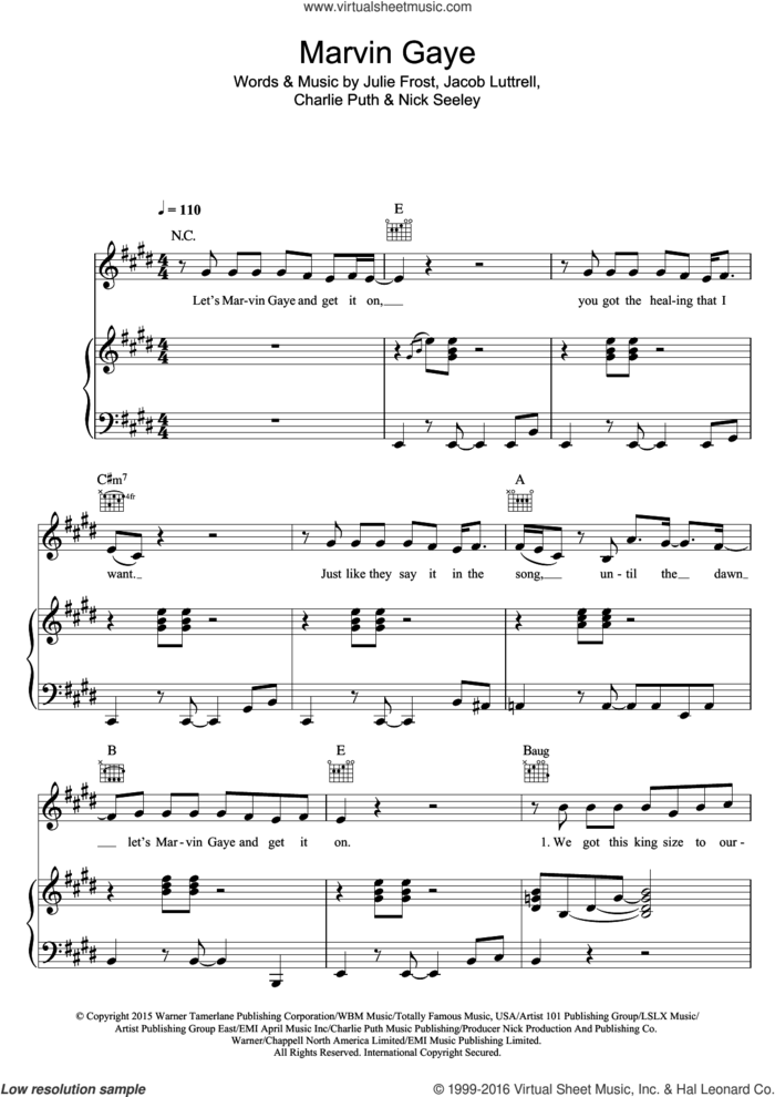 Marvin Gaye (featuring Meghan Trainor) sheet music for voice, piano or guitar by Charlie Puth, Charlie Puth feat. Meghan Trainor, Meghan Trainor, Jacob Luttrell, Julie Frost and Nick Seeley, intermediate skill level