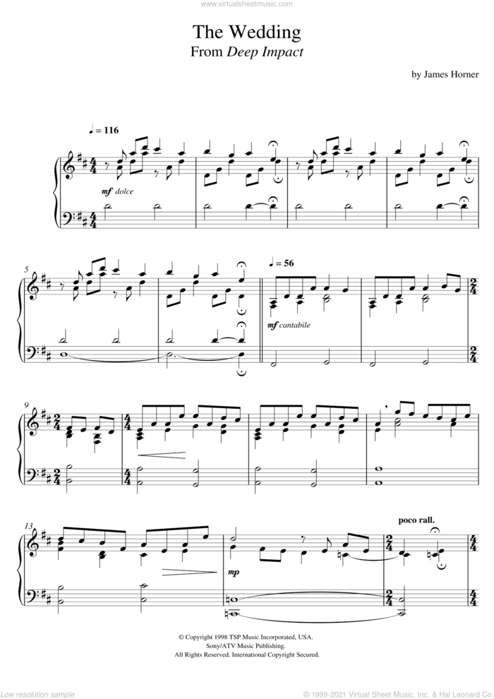 The Wedding (From 'Deep Impact') sheet music for piano solo by James Horner, intermediate skill level