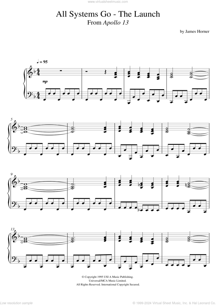 All Systems Go - The Launch (From 'Apollo 13') sheet music for piano solo by James Horner, intermediate skill level