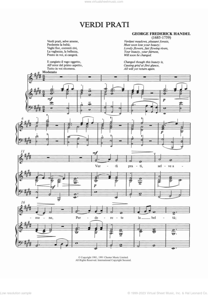 Verdi Prati sheet music for voice and piano by George Frideric Handel and Shirley Leah, classical score, intermediate skill level