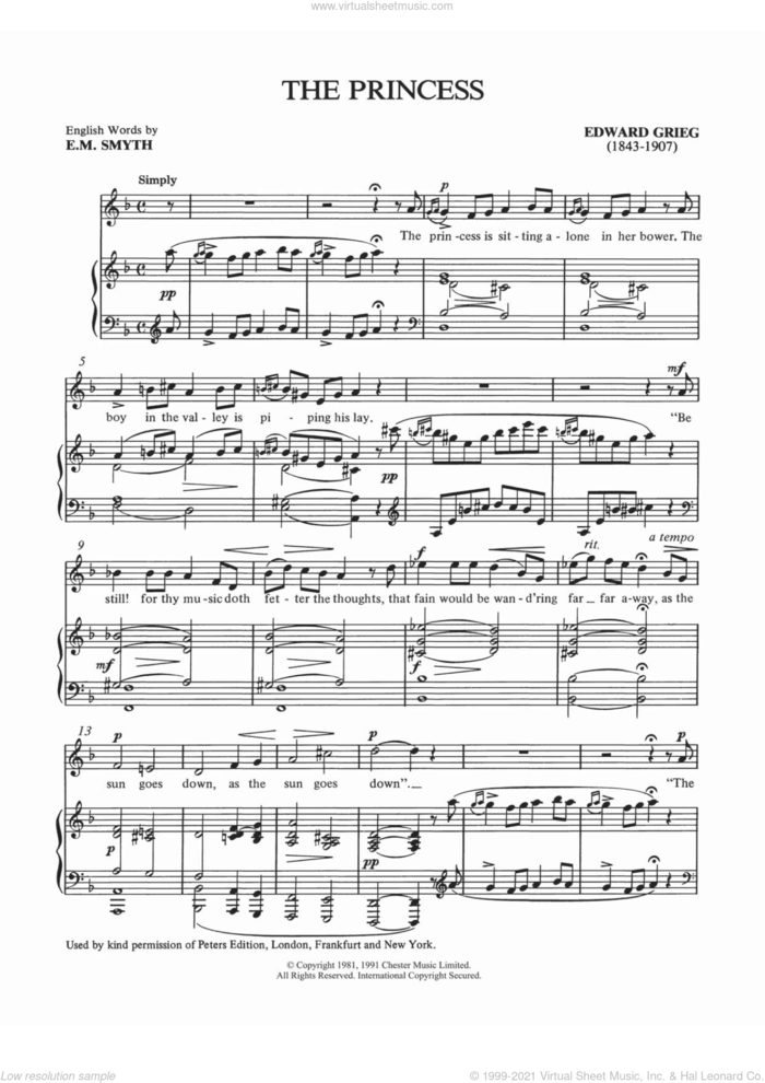 The Princess sheet music for voice and piano by Edvard Grieg and Shirley Leah, classical score, intermediate skill level