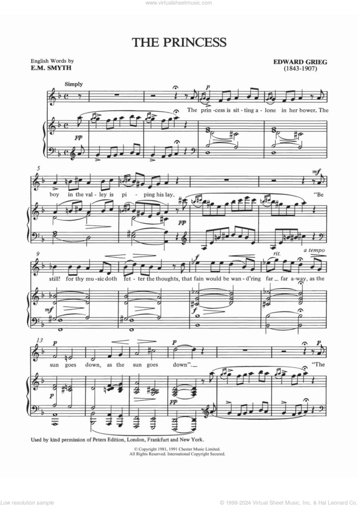 The Princess sheet music for voice and piano by Edvard Grieg and Shirley Leah, classical score, intermediate skill level