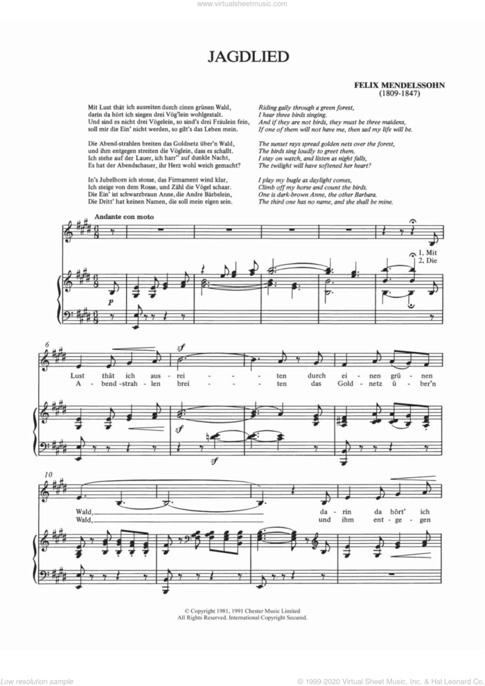 Jagdlied sheet music for voice and piano by Felix Mendelssohn-Bartholdy and Shirley Leah, classical score, intermediate skill level