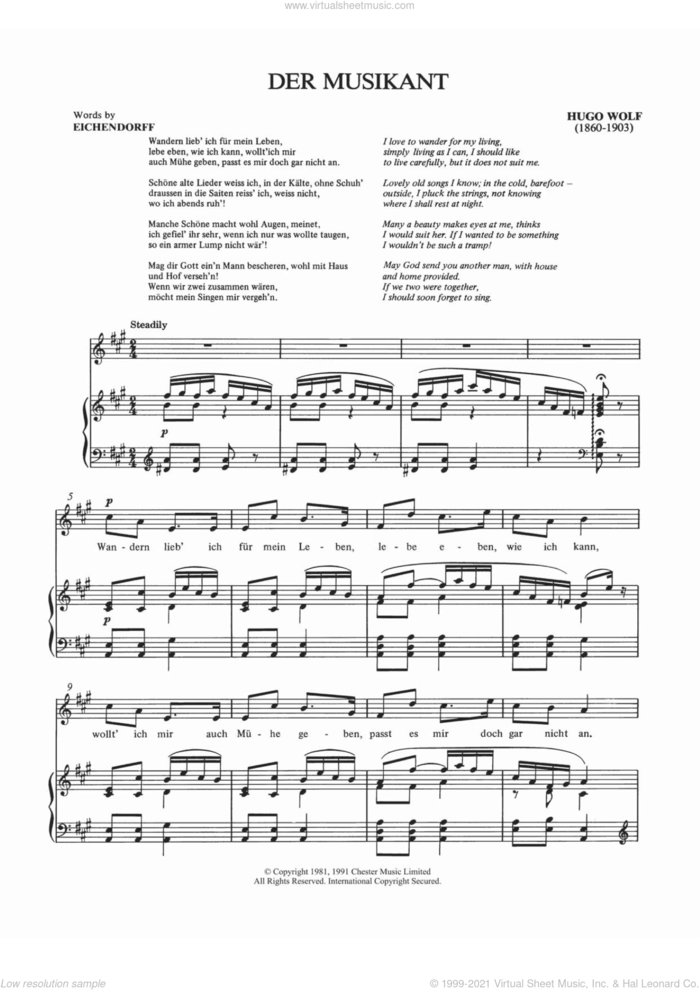 Der Musikant sheet music for voice and piano by Hugo Wolf, Shirley Leah and Josef Karl Benedikt Eichendorff von, classical score, intermediate skill level