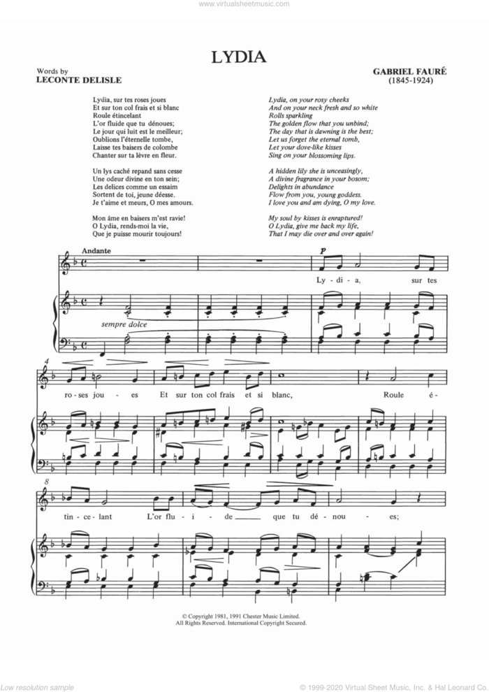 Lydia sheet music for voice and piano by Gabriel Faure, Shirley Leah and Philippe Delisle, classical score, intermediate skill level