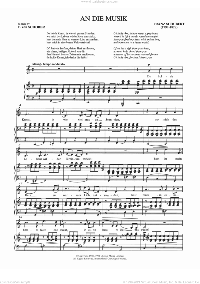 An Die Musik sheet music for voice, piano or guitar by Franz Schubert, Shirley Leah and Franz von Schober, classical score, intermediate skill level