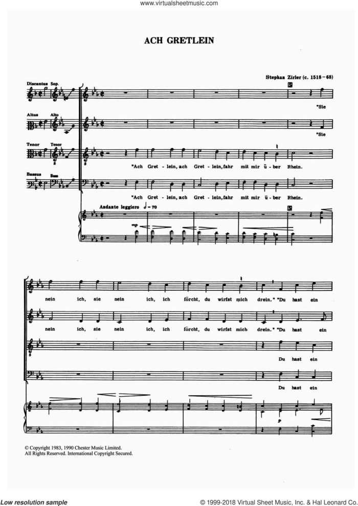 Ach Gretlein sheet music for choir by Stephan Zirler and John Wilbye, classical score, intermediate skill level