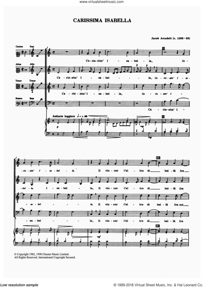 Carissima Isabella sheet music for choir by Jacob Arcadelt and Anthony Petti, classical score, intermediate skill level
