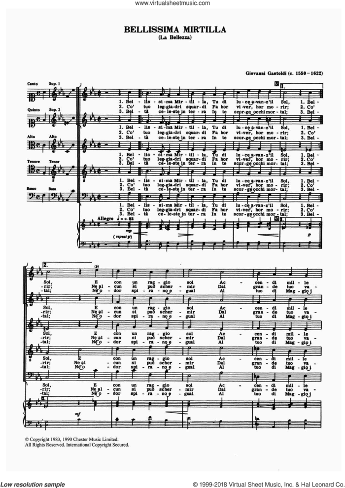 Bellissima Mirtilla sheet music for choir by Giovanni Giacomo Gastoldi and Anthony Petti, classical score, intermediate skill level