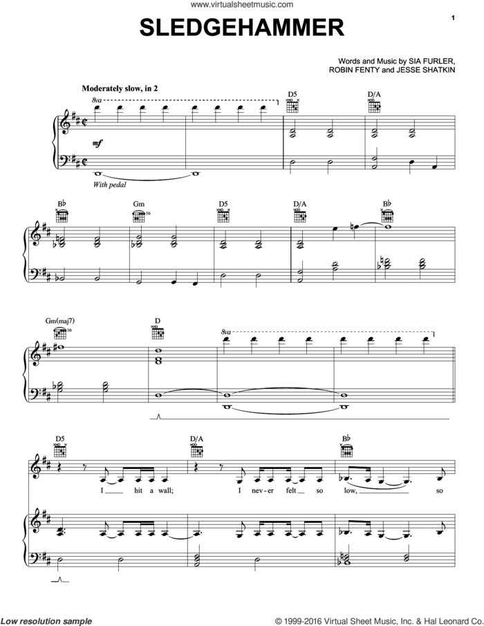 Sledgehammer sheet music for voice, piano or guitar by Rihanna, Jesse Shatkin, Robin Fenty and Sia Furler, intermediate skill level