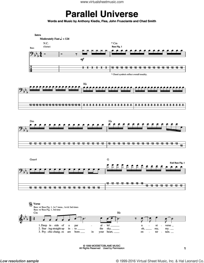 Parallel Universe sheet music for bass (tablature) (bass guitar) by Red Hot Chili Peppers, Anthony Kiedis, Chad Smith, Flea and John Frusciante, intermediate skill level