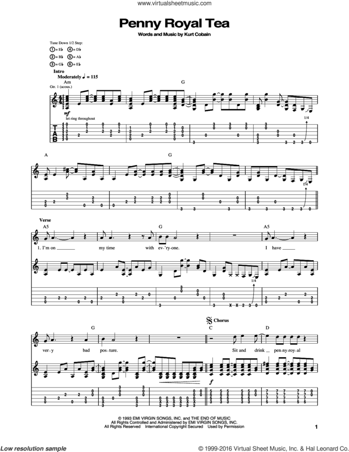 Pennyroyal Tea sheet music for guitar (tablature) by Nirvana and Kurt Cobain, intermediate skill level