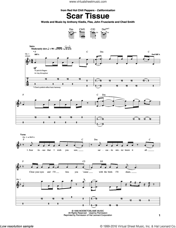 Scar Tissue sheet music for guitar (tablature) by Red Hot Chili Peppers, Anthony Kiedis, Chad Smith, Flea and John Frusciante, intermediate skill level