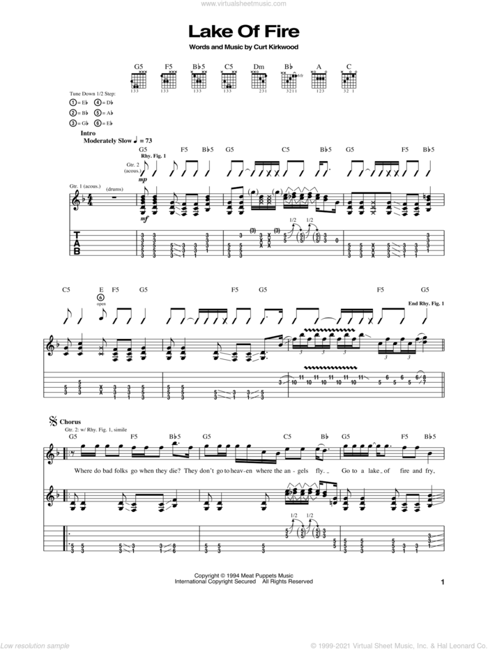 Lake Of Fire sheet music for guitar (tablature) by Nirvana and Curt Kirkwood, intermediate skill level