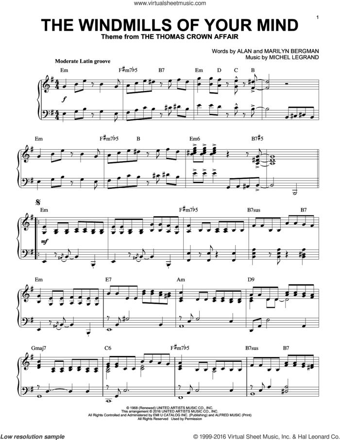 The Windmills Of Your Mind [Jazz version] (arr. Brent Edstrom) sheet music for piano solo by Michel Legrand, Alan Bergman and Marilyn Bergman, intermediate skill level
