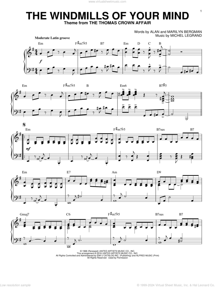 The Windmills Of Your Mind [Jazz version] (arr. Brent Edstrom) sheet music for piano solo by Michel Legrand, Alan Bergman and Marilyn Bergman, intermediate skill level