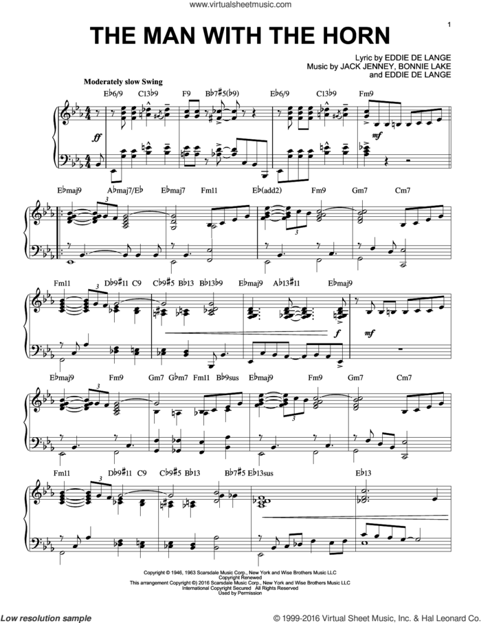 The Man With The Horn [Jazz version] (arr. Brent Edstrom) sheet music for piano solo by Eddie DeLange, Bonnie Lake and Jack Jenney, intermediate skill level