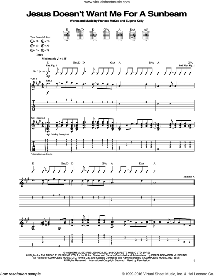 Jesus Doesn't Want Me For A Sunbeam sheet music for guitar (tablature) by Nirvana, Eugene Kelly and Frances McKee, intermediate skill level