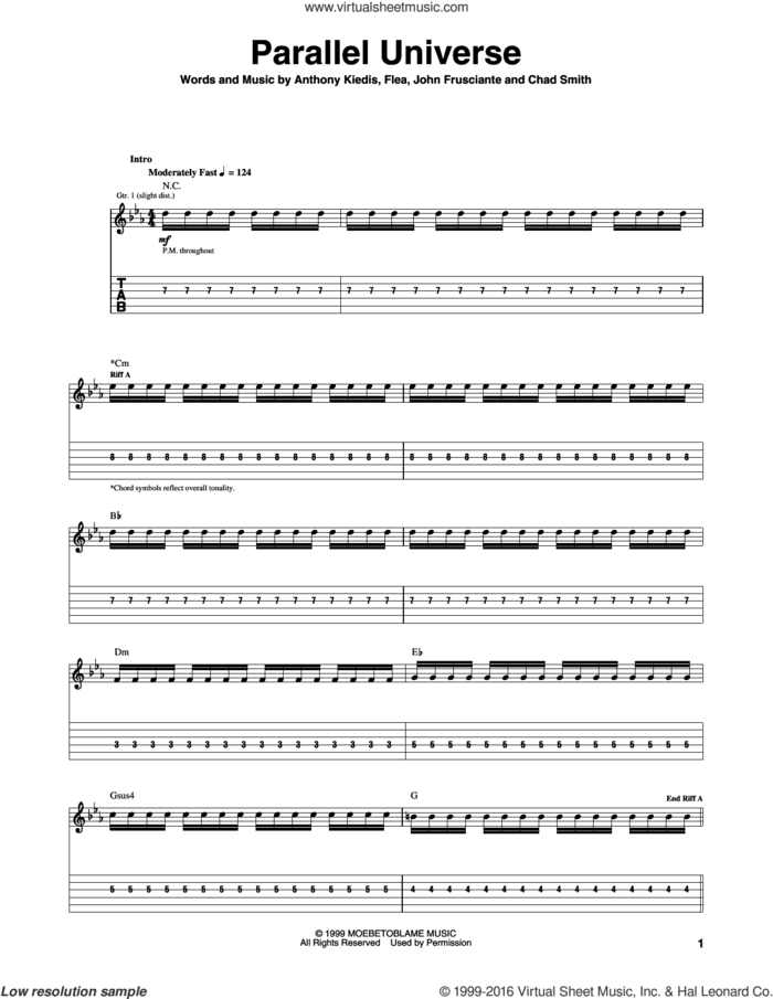 Parallel Universe sheet music for guitar (tablature) by Red Hot Chili Peppers, Anthony Kiedis, Chad Smith, Flea and John Frusciante, intermediate skill level
