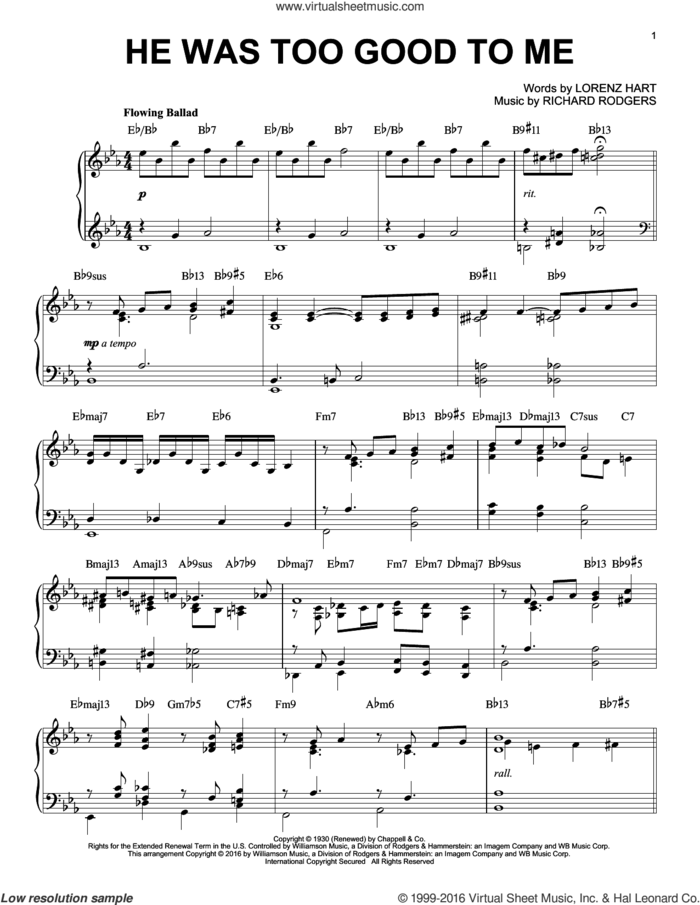 He Was Too Good To Me [Jazz version] (arr. Brent Edstrom) sheet music for piano solo by Rodgers & Hart, Lorenz Hart and Richard Rodgers, intermediate skill level