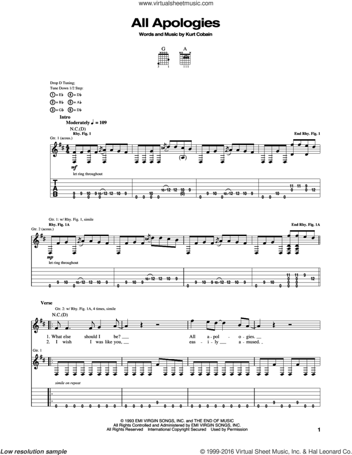 All Apologies sheet music for guitar (tablature) by Nirvana and Kurt Cobain, intermediate skill level